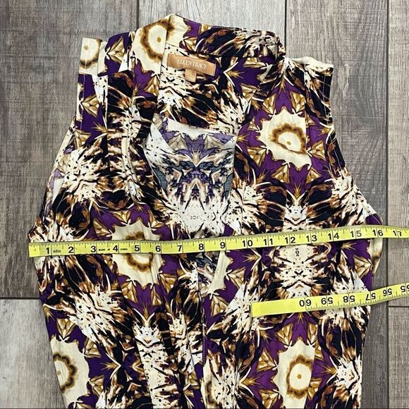 Ellen Tracy V-neck Sleeveless Printed Blouse Purple Gold Cream Size Small - Picture 14 of 16
